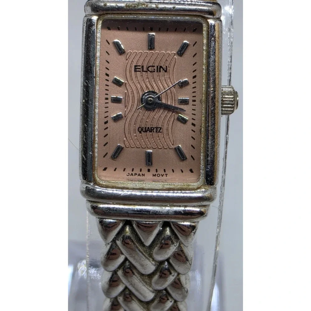 Vintage Elgin Quartz Ladies Watch Pink Dial Silvertone Bracelet Band EL 987